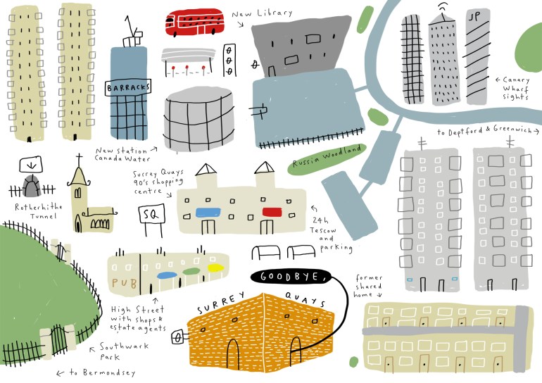 goodbye surrey quays merchesico london illustration