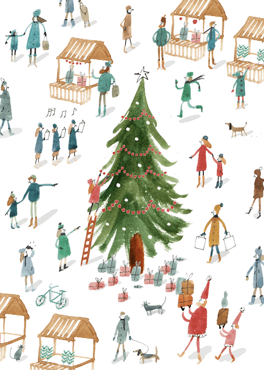 christmas village tree town scene m&amp;s 2014 watercolour people mercedes leon illustration