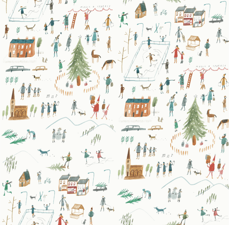 christmas village tree town scene m&amp;s 2014 watercolour people mercedes leon illustration wrapping paper