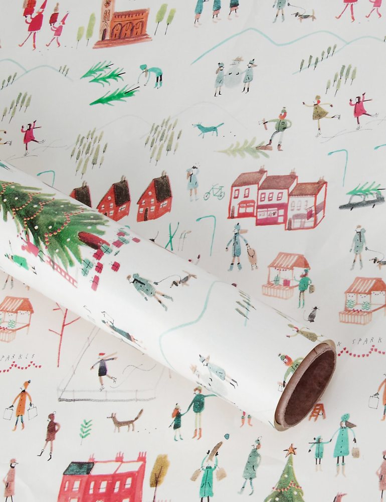 village winter town scene m&amp;s 2014 watercolour illustration christmas roll wrap