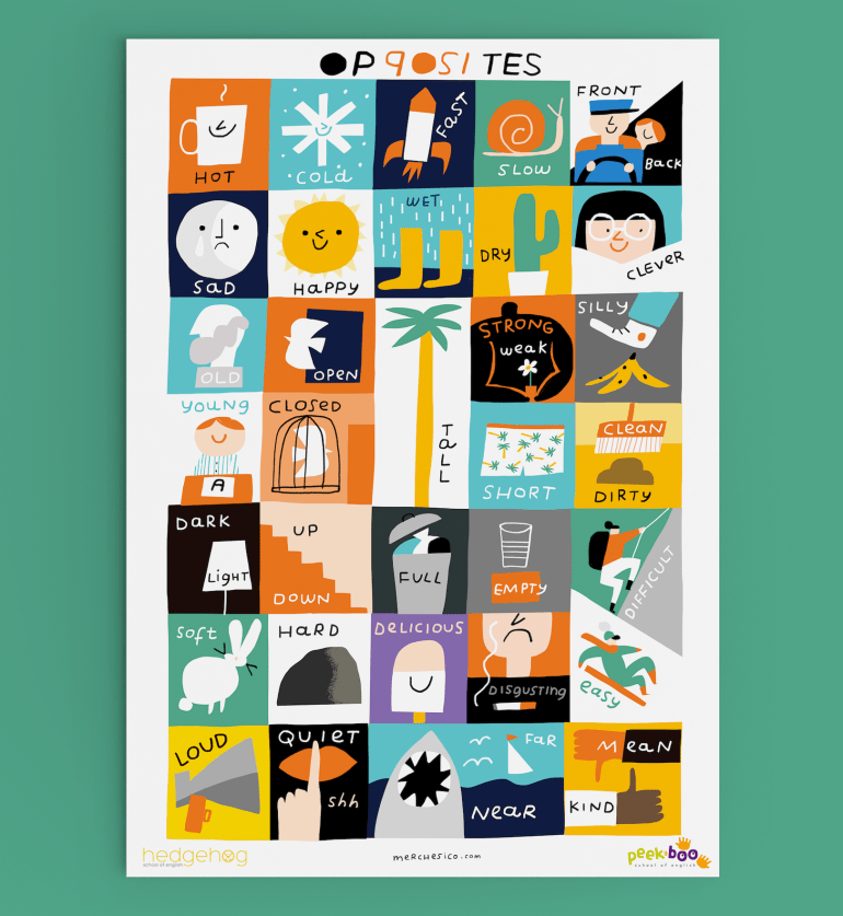 opposites poster mock peekaboo words illustration school mercedes leon merchesico